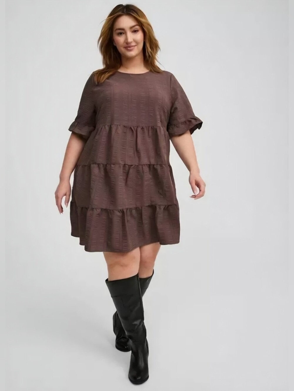 TORRID Short Sleeve Woven Tiered Babydoll Dress In Brown Relaxed Fit Boho Sz 3X